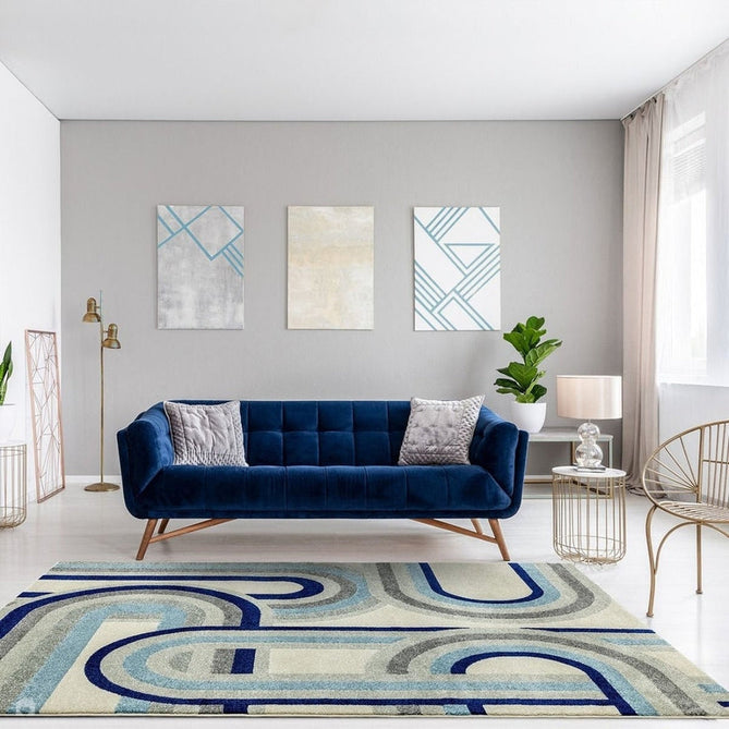 Nova NV30 Retro Modern Geometric Durable Easy-Care Polypropylene Short Pile Ivory Beige/Blue/Grey Rug-Asiatic Carpets-Rug Love - The Most Loved Rug Store