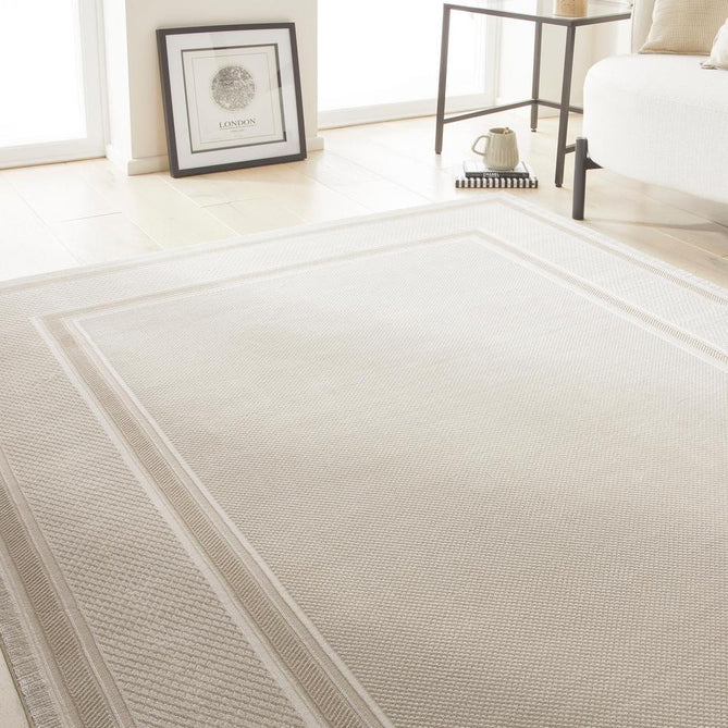 Olivia OLI101 Modern Plain Geometric Border Shimmer Soft-Touch Textured Low-Profile Short Pile Polyester Cream/Beige Rug-Concept Looms-Rug Love - The Most Loved Rug Store