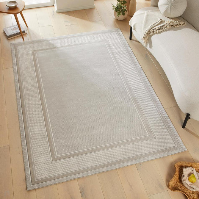 Olivia OLI102 Modern Plain Geometric Border Soft-Touch Textured Low-Profile Short Pile Polyester Grey/Beige Rug 260 x 360 cm