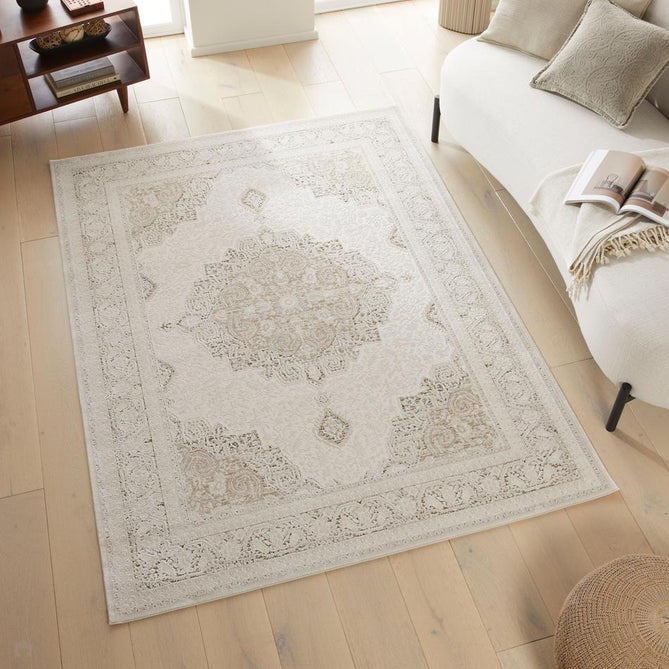 Olivia OLI103 Traditional Persian Medallion Border Shimmer Soft-Touch Textured Low-Profile Short Pile Polyester Khaki Rug-Concept Looms-Rug Love - The Most Loved Rug Store
