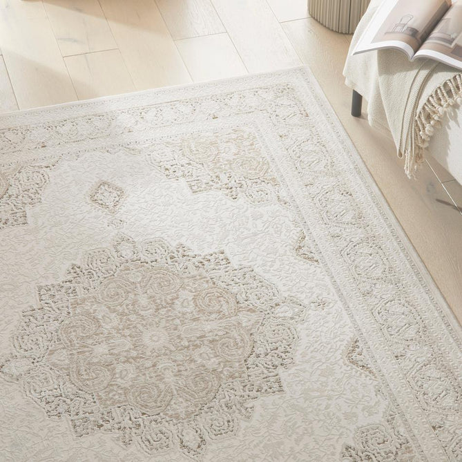 Olivia OLI103 Traditional Persian Medallion Border Shimmer Soft-Touch Textured Low-Profile Short Pile Polyester Khaki Rug-Concept Looms-Rug Love - The Most Loved Rug Store