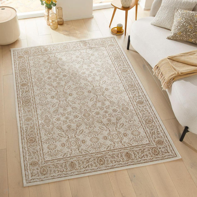 Olivia OLI104 Traditional Persian Floral Border Shimmer Soft-Touch Textured Low-Profile Short Pile Polyester Grey/Khaki Rug-Concept Looms-Rug Love - The Most Loved Rug Store