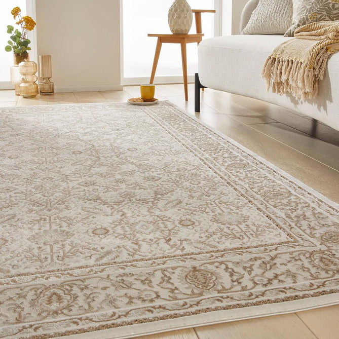 Olivia OLI104 Traditional Persian Floral Border Shimmer Soft-Touch Textured Low-Profile Short Pile Polyester Grey/Khaki Rug-Concept Looms-Rug Love - The Most Loved Rug Store