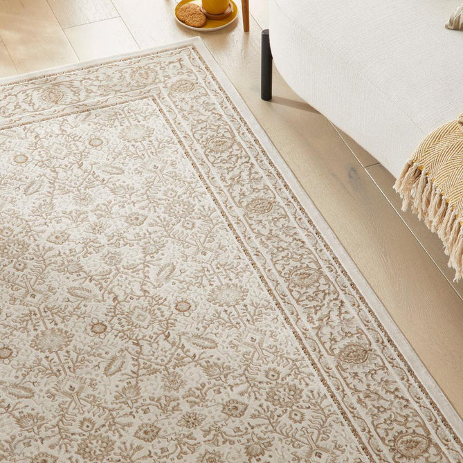 Olivia OLI104 Traditional Persian Floral Border Shimmer Soft-Touch Textured Low-Profile Short Pile Polyester Grey/Khaki Rug-Concept Looms-Rug Love - The Most Loved Rug Store