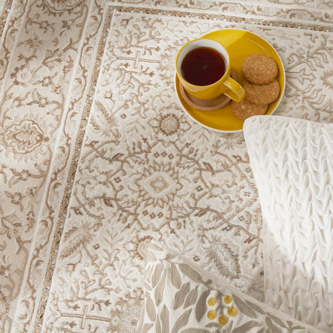 Olivia OLI104 Traditional Persian Floral Border Shimmer Soft-Touch Textured Low-Profile Short Pile Polyester Grey/Khaki Rug-Concept Looms-Rug Love - The Most Loved Rug Store