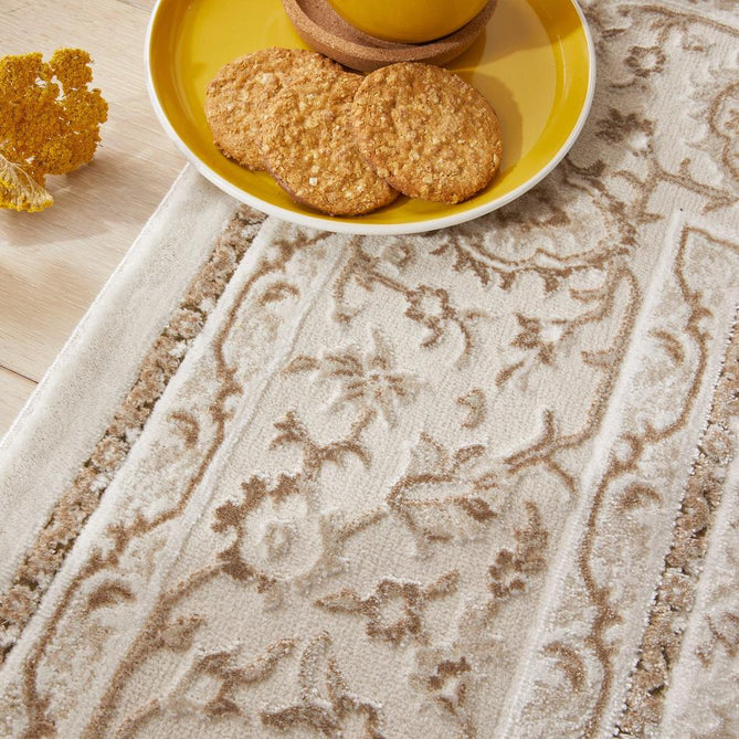 Olivia OLI104 Traditional Persian Floral Border Shimmer Soft-Touch Textured Low-Profile Short Pile Polyester Grey/Khaki Rug-Concept Looms-Rug Love - The Most Loved Rug Store