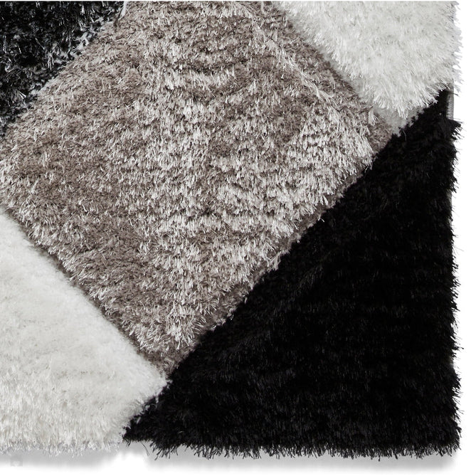 Olympia 2239 3D Geometric Plush Carved Hi-Lo Textured Soft Polyester Metallic Shimmer Shaggy Black/White/Grey Rug-Think Rugs-Rug Love - The Most Loved Rug Store