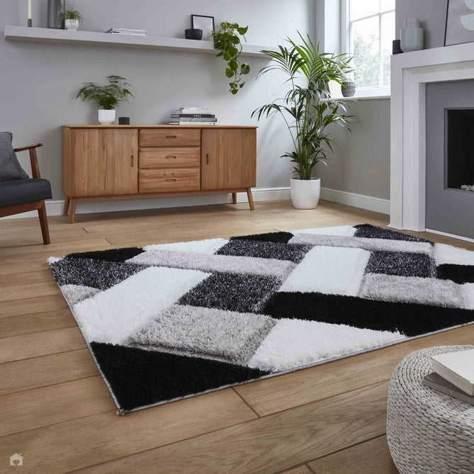 Olympia 2239 3D Geometric Plush Carved Hi-Lo Textured Soft Polyester Metallic Shimmer Shaggy Black/White/Grey Rug-Think Rugs-Rug Love - The Most Loved Rug Store