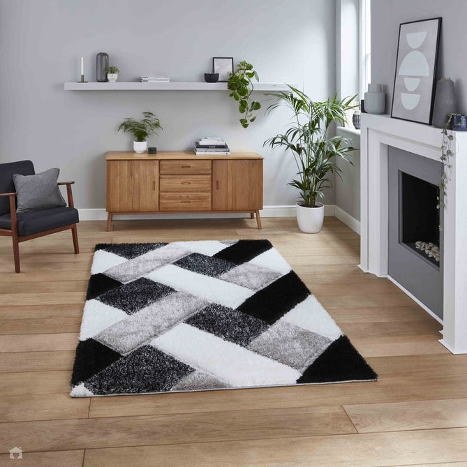 Olympia 2239 3D Geometric Plush Carved Hi-Lo Textured Soft Polyester Metallic Shimmer Shaggy Black/White/Grey Rug-Think Rugs-Rug Love - The Most Loved Rug Store
