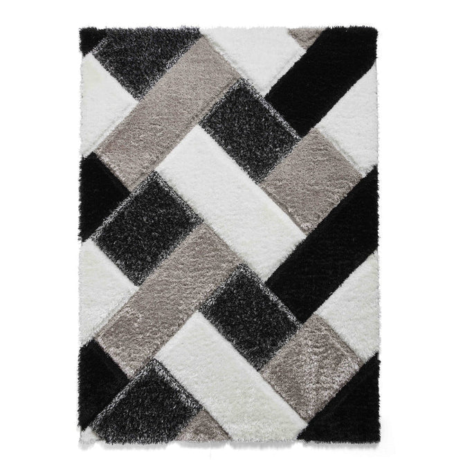Olympia 2239 3D Geometric Plush Carved Hi-Lo Textured Soft Polyester Metallic Shimmer Shaggy Black/White/Grey Rug-Think Rugs-Rug Love - The Most Loved Rug Store