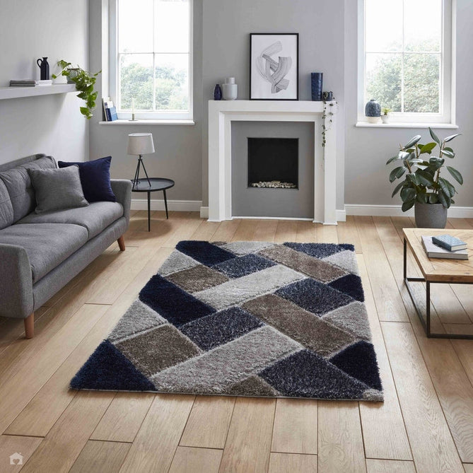 Olympia 2239 3D Geometric Plush Carved Hi-Lo Textured Soft Polyester Metallic Shimmer Shaggy Grey/Navy Rug-Think Rugs-Rug Love - The Most Loved Rug Store