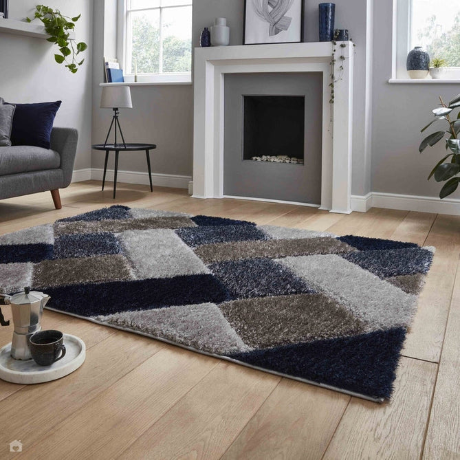 Olympia 2239 3D Geometric Plush Carved Hi-Lo Textured Soft Polyester Metallic Shimmer Shaggy Grey/Navy Rug-Think Rugs-Rug Love - The Most Loved Rug Store