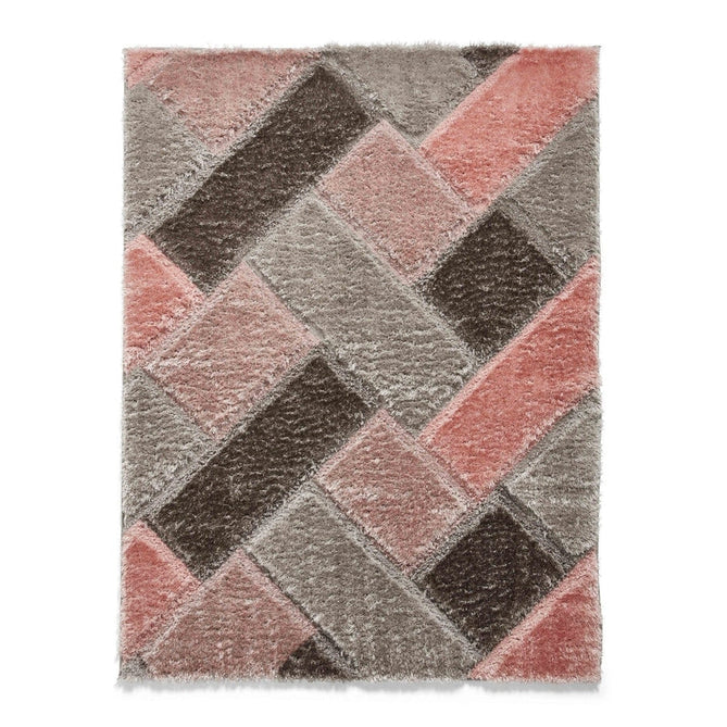 Olympia 2239 3D Geometric Plush Carved Hi-Lo Textured Soft Polyester Metallic Shimmer Shaggy Grey/Pink/Beige Rug-Think Rugs-Rug Love - The Most Loved Rug Store