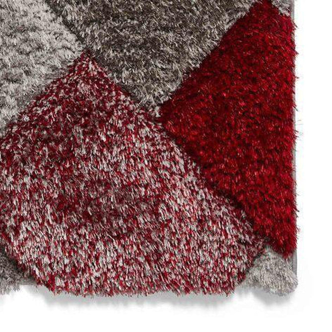 Olympia 2239 3D Geometric Plush Carved Hi-Lo Textured Soft Polyester Metallic Shimmer Shaggy Grey/Red/Brown Rug-Think Rugs-Rug Love - The Most Loved Rug Store