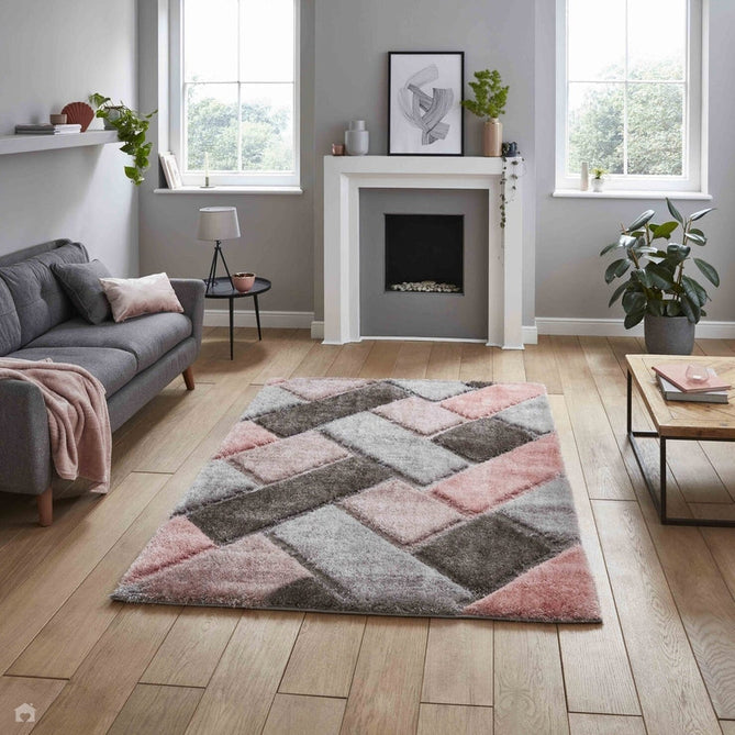 Olympia 2239 3D Geometric Plush Hand Carved Soft Polypropylene Shaggy Grey/Pink Rug 120 x 170 cm-Shop Returns-Rug Love - The Most Loved Rug Store