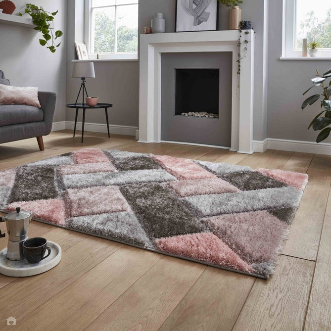 Olympia 2239 3D Geometric Plush Hand Carved Soft Polypropylene Shaggy Grey/Pink Rug 120 x 170 cm-Shop Returns-Rug Love - The Most Loved Rug Store