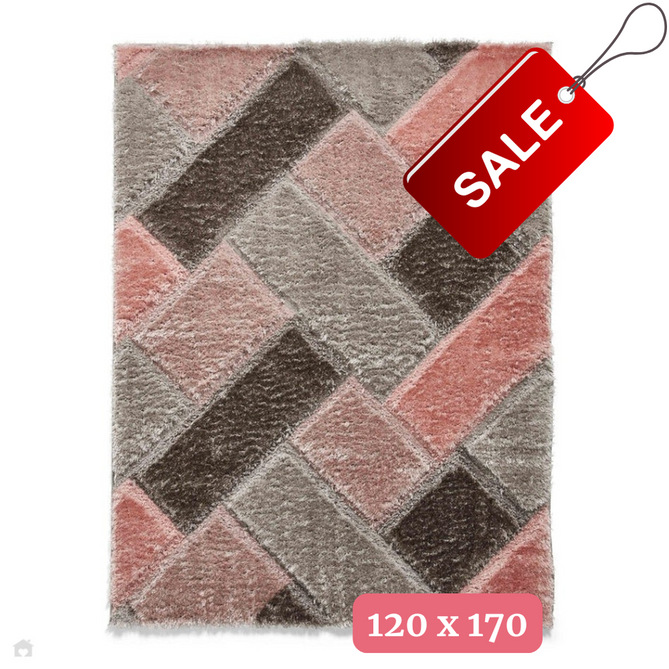 Olympia 2239 3D Geometric Plush Hand Carved Soft Polypropylene Shaggy Grey/Pink Rug 120 x 170 cm-Shop Returns-Rug Love - The Most Loved Rug Store
