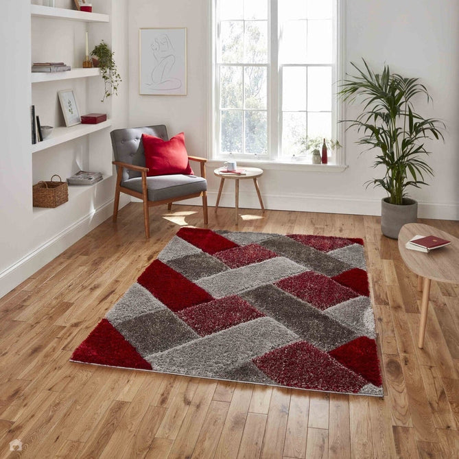 Olympia 2239 3D Geometric Plush Hand Carved Soft Polypropylene Shaggy Grey/Red/Brown Rug-Think Rugs-Rug Love - The Most Loved Rug Store