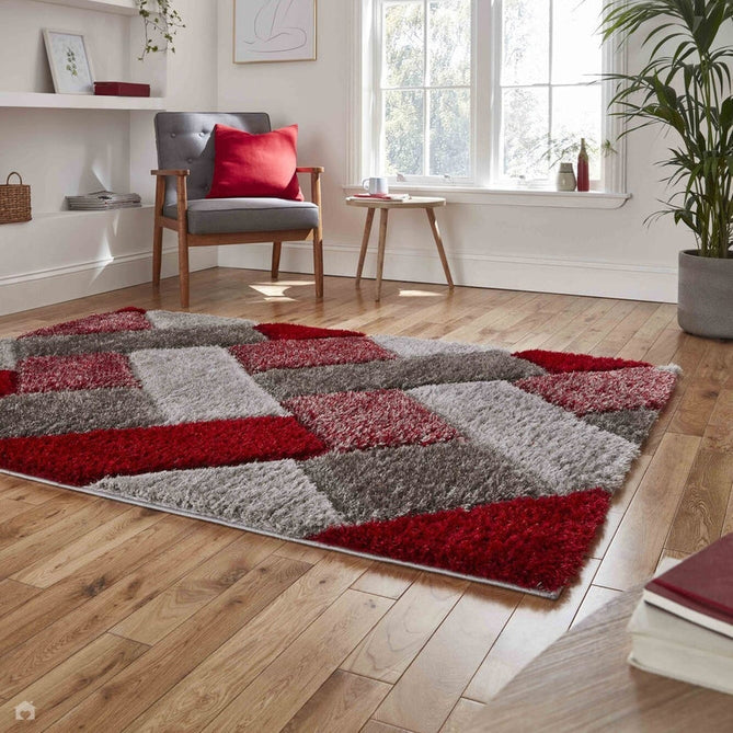Olympia 2239 3D Geometric Plush Hand Carved Soft Polypropylene Shaggy Grey/Red/Brown Rug-Think Rugs-Rug Love - The Most Loved Rug Store