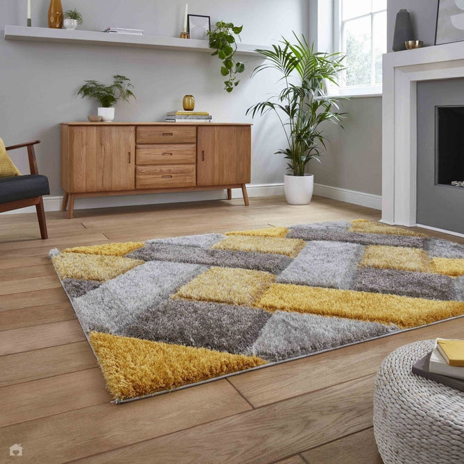 Olympia 2239 3D Geometric Plush Hand Carved Soft Polypropylene Shaggy Grey/Yellow/Brown Rug-Think Rugs-Rug Love - The Most Loved Rug Store