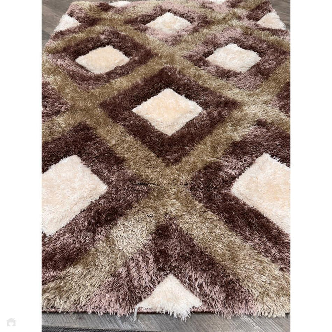 Olympia GR224 3D Geometric Plush Carved Hi-Lo Textured Soft Polyester Metallic Shimmer Shaggy Beige/Brown/Cream Rug-Think Rugs-Rug Love - The Most Loved Rug Store