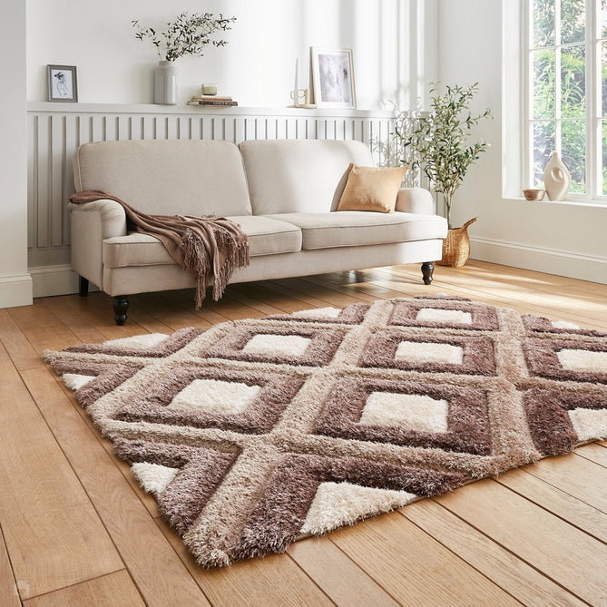 Olympia GR224 3D Geometric Plush Carved Hi-Lo Textured Soft Polyester Metallic Shimmer Shaggy Beige/Brown/Cream Rug-Think Rugs-Rug Love - The Most Loved Rug Store