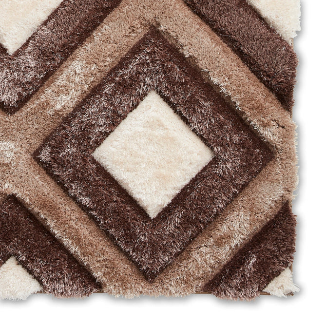 Olympia GR224 3D Geometric Plush Carved Hi-Lo Textured Soft Polyester Metallic Shimmer Shaggy Beige/Brown/Cream Rug-Think Rugs-Rug Love - The Most Loved Rug Store