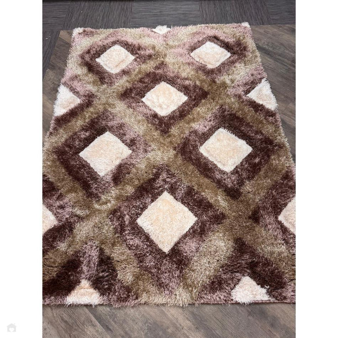 Olympia GR224 3D Geometric Plush Carved Hi-Lo Textured Soft Polyester Metallic Shimmer Shaggy Beige/Brown/Cream Rug-Think Rugs-Rug Love - The Most Loved Rug Store