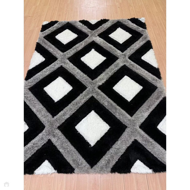 Olympia GR224 3D Geometric Plush Carved Hi-Lo Textured Soft Polyester Metallic Shimmer Shaggy Black/White/Grey Rug-Think Rugs-Rug Love - The Most Loved Rug Store