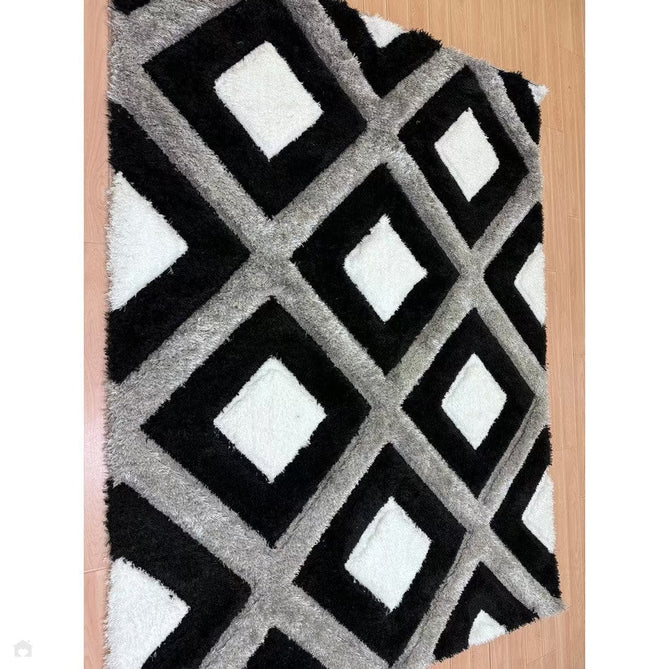Olympia GR224 3D Geometric Plush Carved Hi-Lo Textured Soft Polyester Metallic Shimmer Shaggy Black/White/Grey Rug-Think Rugs-Rug Love - The Most Loved Rug Store