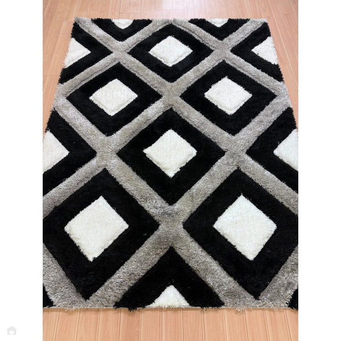 Olympia GR224 3D Geometric Plush Carved Hi-Lo Textured Soft Polyester Metallic Shimmer Shaggy Black/White/Grey Rug-Think Rugs-Rug Love - The Most Loved Rug Store