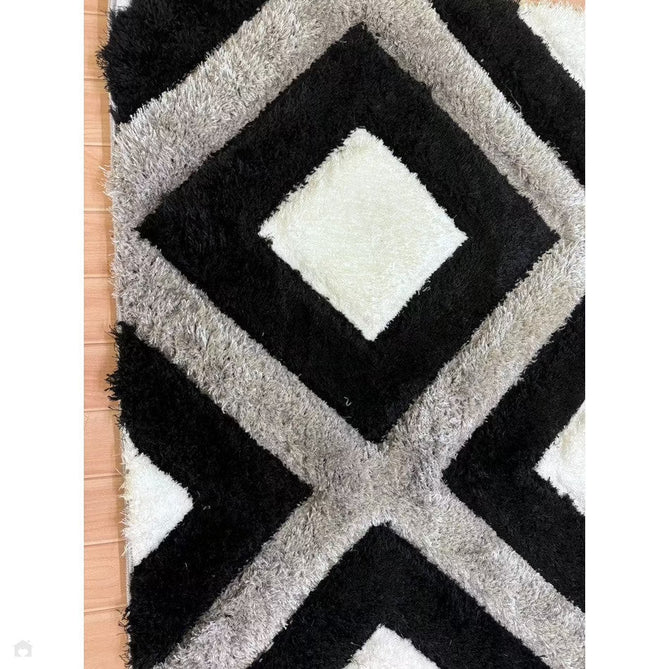 Olympia GR224 3D Geometric Plush Carved Hi-Lo Textured Soft Polyester Metallic Shimmer Shaggy Black/White/Grey Rug-Think Rugs-Rug Love - The Most Loved Rug Store