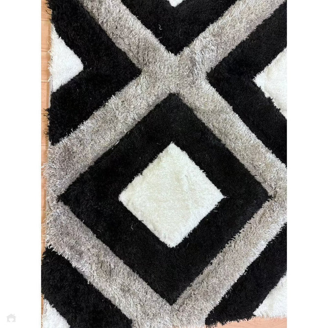 Olympia GR224 3D Geometric Plush Carved Hi-Lo Textured Soft Polyester Metallic Shimmer Shaggy Black/White/Grey Rug-Think Rugs-Rug Love - The Most Loved Rug Store