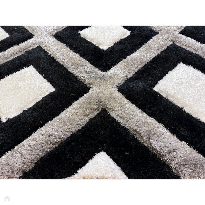 Olympia GR224 3D Geometric Plush Carved Hi-Lo Textured Soft Polyester Metallic Shimmer Shaggy Black/White/Grey Rug-Think Rugs-Rug Love - The Most Loved Rug Store