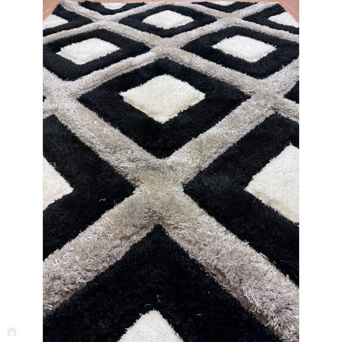 Olympia GR224 3D Geometric Plush Carved Hi-Lo Textured Soft Polyester Metallic Shimmer Shaggy Black/White/Grey Rug-Think Rugs-Rug Love - The Most Loved Rug Store
