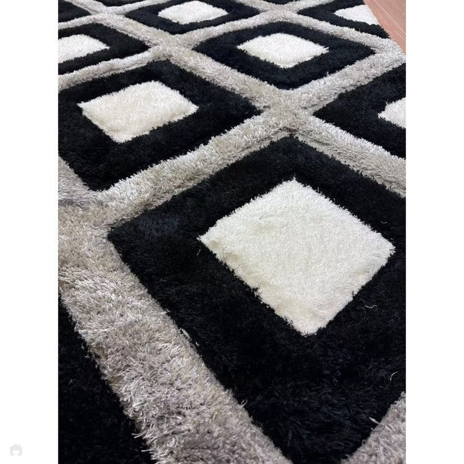 Olympia GR224 3D Geometric Plush Carved Hi-Lo Textured Soft Polyester Metallic Shimmer Shaggy Black/White/Grey Rug-Think Rugs-Rug Love - The Most Loved Rug Store