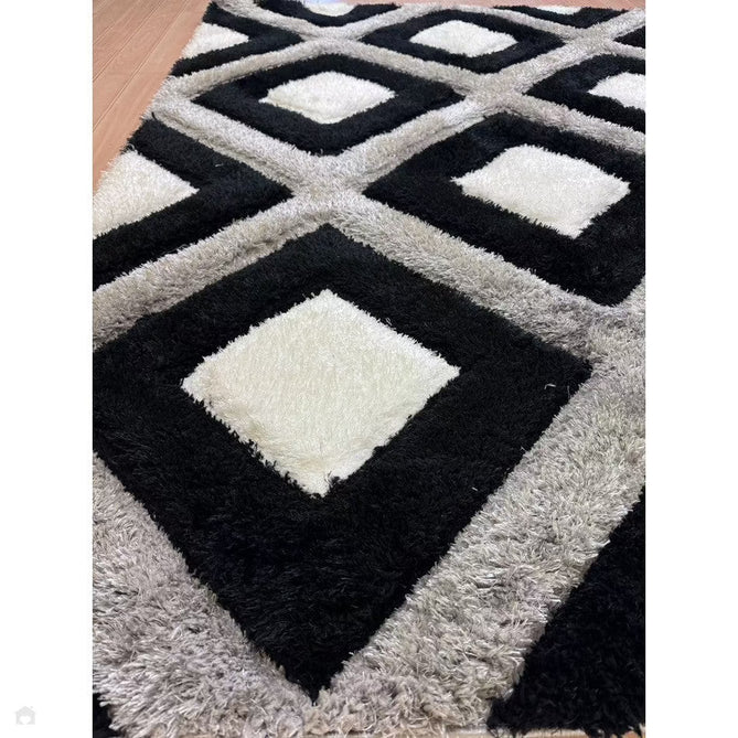 Olympia GR224 3D Geometric Plush Carved Hi-Lo Textured Soft Polyester Metallic Shimmer Shaggy Black/White/Grey Rug-Think Rugs-Rug Love - The Most Loved Rug Store