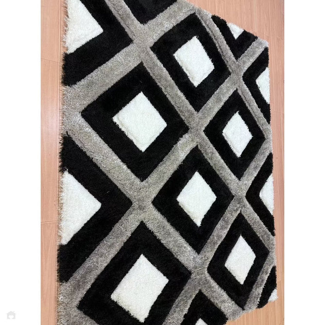 Olympia GR224 3D Geometric Plush Carved Hi-Lo Textured Soft Polyester Metallic Shimmer Shaggy Black/White/Grey Rug-Think Rugs-Rug Love - The Most Loved Rug Store