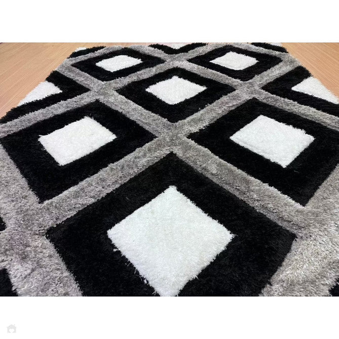 Olympia GR224 3D Geometric Plush Carved Hi-Lo Textured Soft Polyester Metallic Shimmer Shaggy Black/White/Grey Rug-Think Rugs-Rug Love - The Most Loved Rug Store