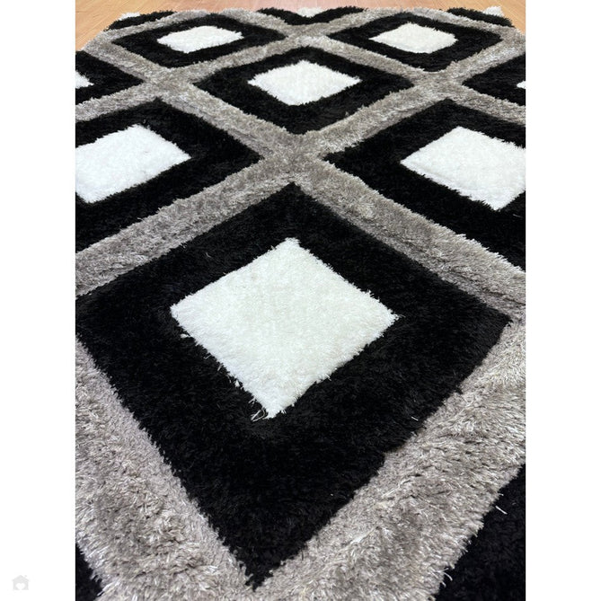 Olympia GR224 3D Geometric Plush Carved Hi-Lo Textured Soft Polyester Metallic Shimmer Shaggy Black/White/Grey Rug-Think Rugs-Rug Love - The Most Loved Rug Store