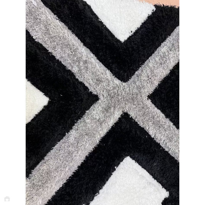 Olympia GR224 3D Geometric Plush Carved Hi-Lo Textured Soft Polyester Metallic Shimmer Shaggy Black/White/Grey Rug-Think Rugs-Rug Love - The Most Loved Rug Store