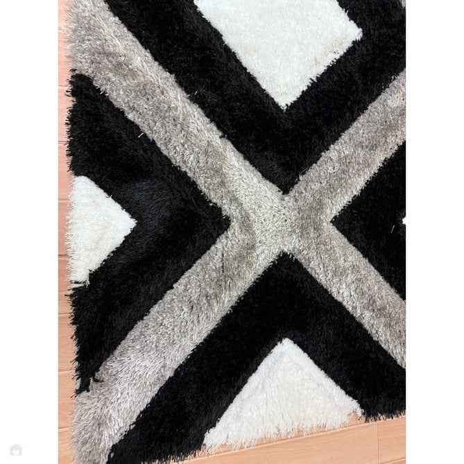 Olympia GR224 3D Geometric Plush Carved Hi-Lo Textured Soft Polyester Metallic Shimmer Shaggy Black/White/Grey Rug-Think Rugs-Rug Love - The Most Loved Rug Store