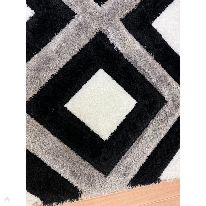 Olympia GR224 3D Geometric Plush Carved Hi-Lo Textured Soft Polyester Metallic Shimmer Shaggy Black/White/Grey Rug-Think Rugs-Rug Love - The Most Loved Rug Store