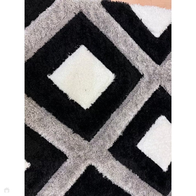 Olympia GR224 3D Geometric Plush Carved Hi-Lo Textured Soft Polyester Metallic Shimmer Shaggy Black/White/Grey Rug-Think Rugs-Rug Love - The Most Loved Rug Store