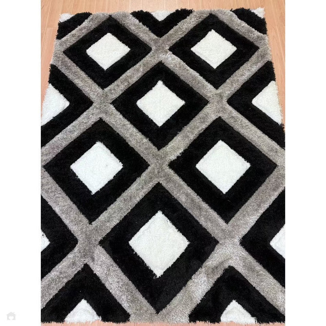 Olympia GR224 3D Geometric Plush Carved Hi-Lo Textured Soft Polyester Metallic Shimmer Shaggy Black/White/Grey Rug-Think Rugs-Rug Love - The Most Loved Rug Store