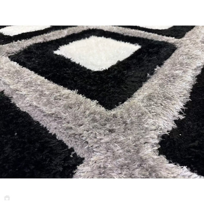 Olympia GR224 3D Geometric Plush Carved Hi-Lo Textured Soft Polyester Metallic Shimmer Shaggy Black/White/Grey Rug-Think Rugs-Rug Love - The Most Loved Rug Store