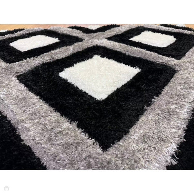 Olympia GR224 3D Geometric Plush Carved Hi-Lo Textured Soft Polyester Metallic Shimmer Shaggy Black/White/Grey Rug-Think Rugs-Rug Love - The Most Loved Rug Store