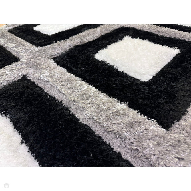 Olympia GR224 3D Geometric Plush Carved Hi-Lo Textured Soft Polyester Metallic Shimmer Shaggy Black/White/Grey Rug-Think Rugs-Rug Love - The Most Loved Rug Store