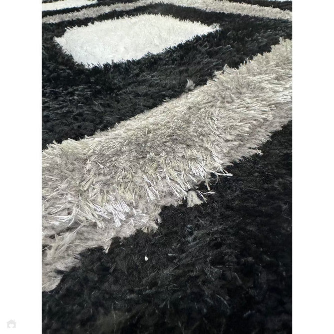 Olympia GR224 3D Geometric Plush Carved Hi-Lo Textured Soft Polyester Metallic Shimmer Shaggy Black/White/Grey Rug-Think Rugs-Rug Love - The Most Loved Rug Store