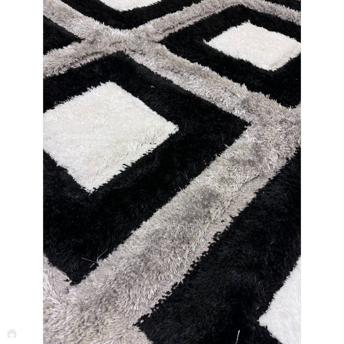 Olympia GR224 3D Geometric Plush Carved Hi-Lo Textured Soft Polyester Metallic Shimmer Shaggy Black/White/Grey Rug-Think Rugs-Rug Love - The Most Loved Rug Store